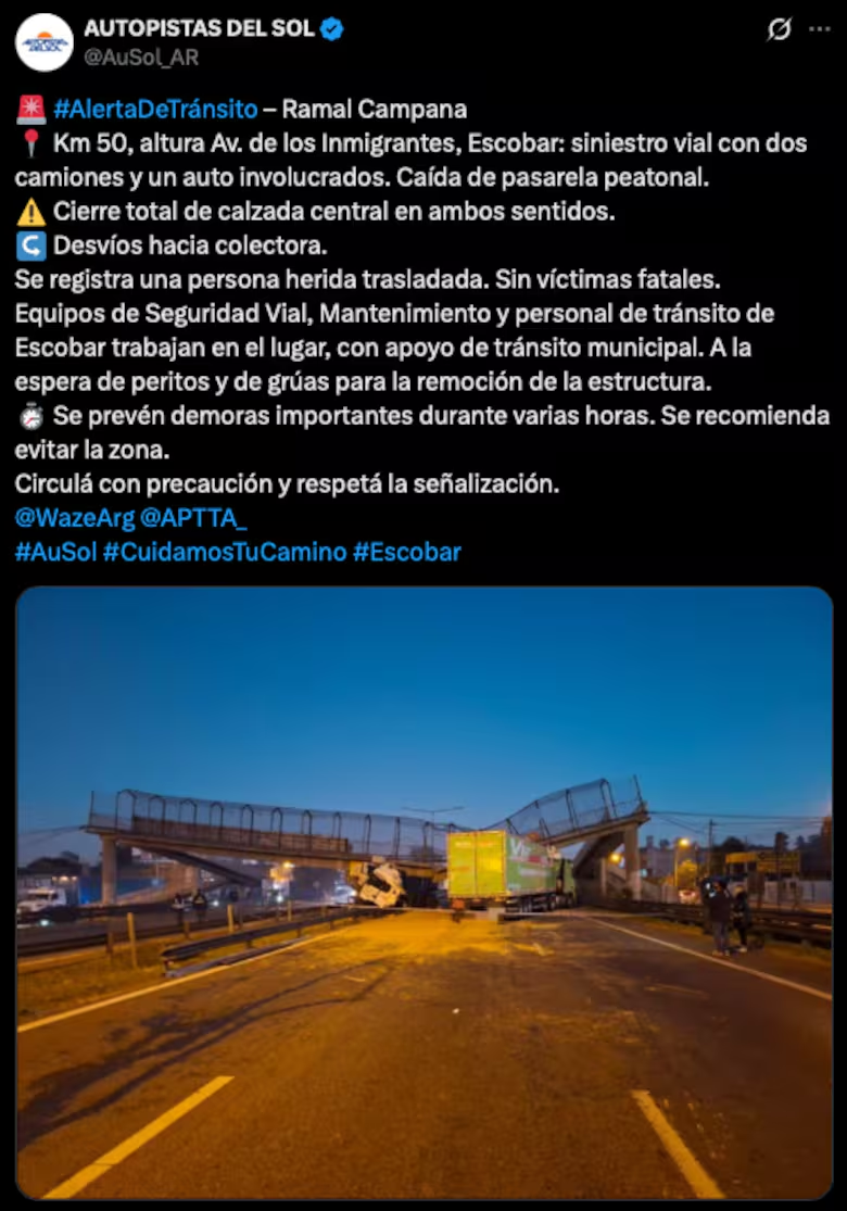 Un camión derribó un puente peatonal en Panamericana y provocó un corte total a la altura de Escobar 2 image 117